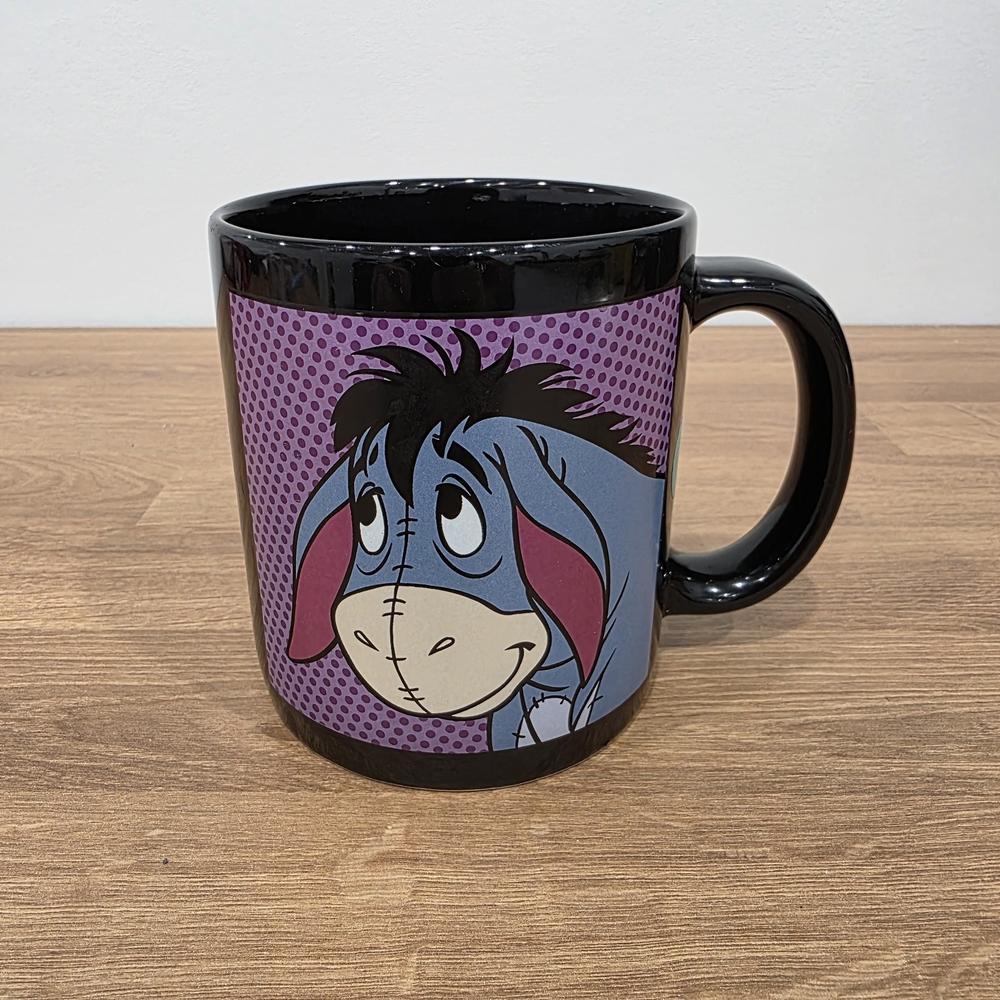 Disney Store Exclusive Eeyore Black Ceramic Purple Polka Dot Coffee Mug 20oz